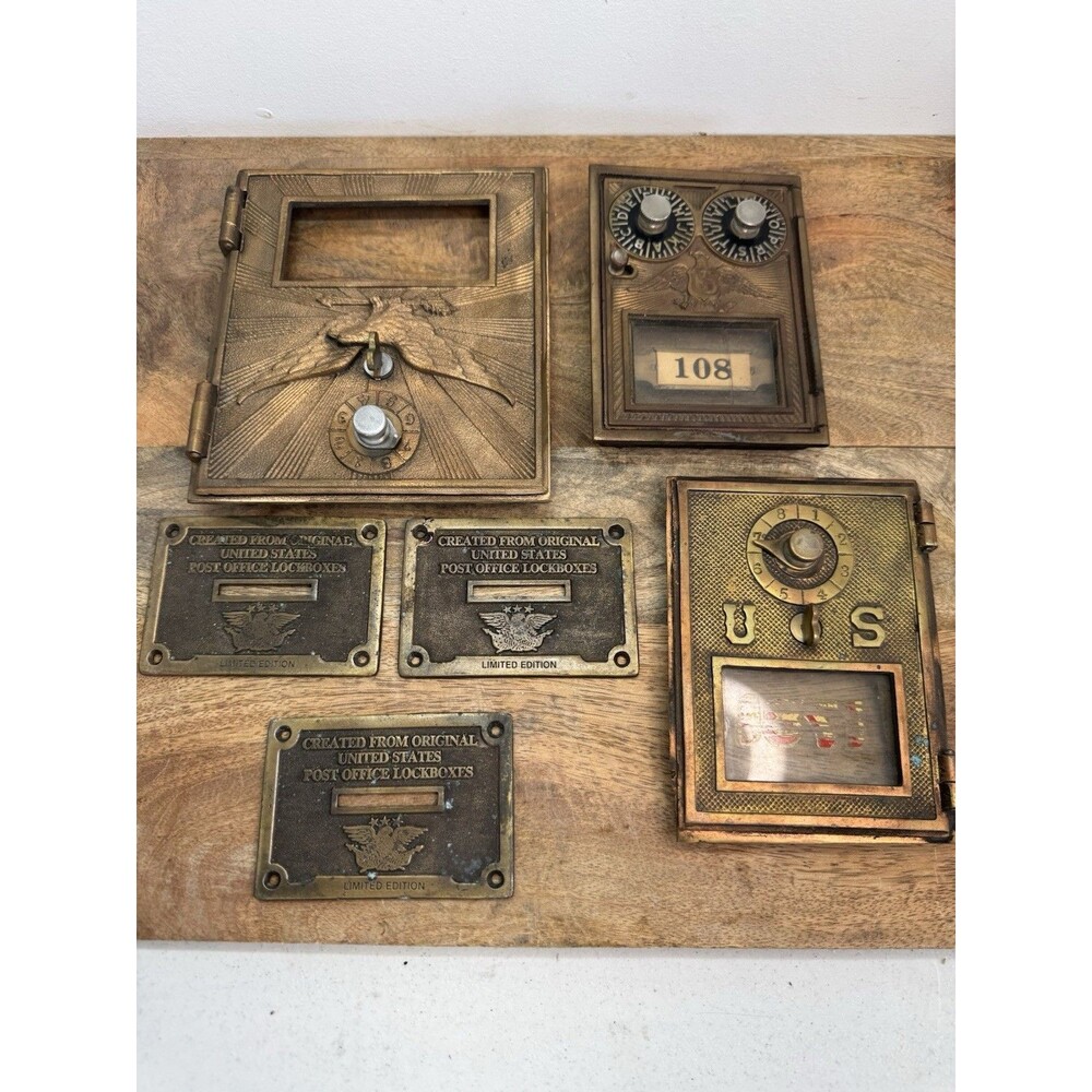 6 different Antique Cast Brass USPS P.O Box Doors 1 Eagle Double Combination +++